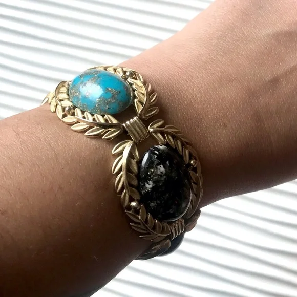 Vintage 60’s speckled cabochon laurel leaf linked bracelet - Picture 5 of 5